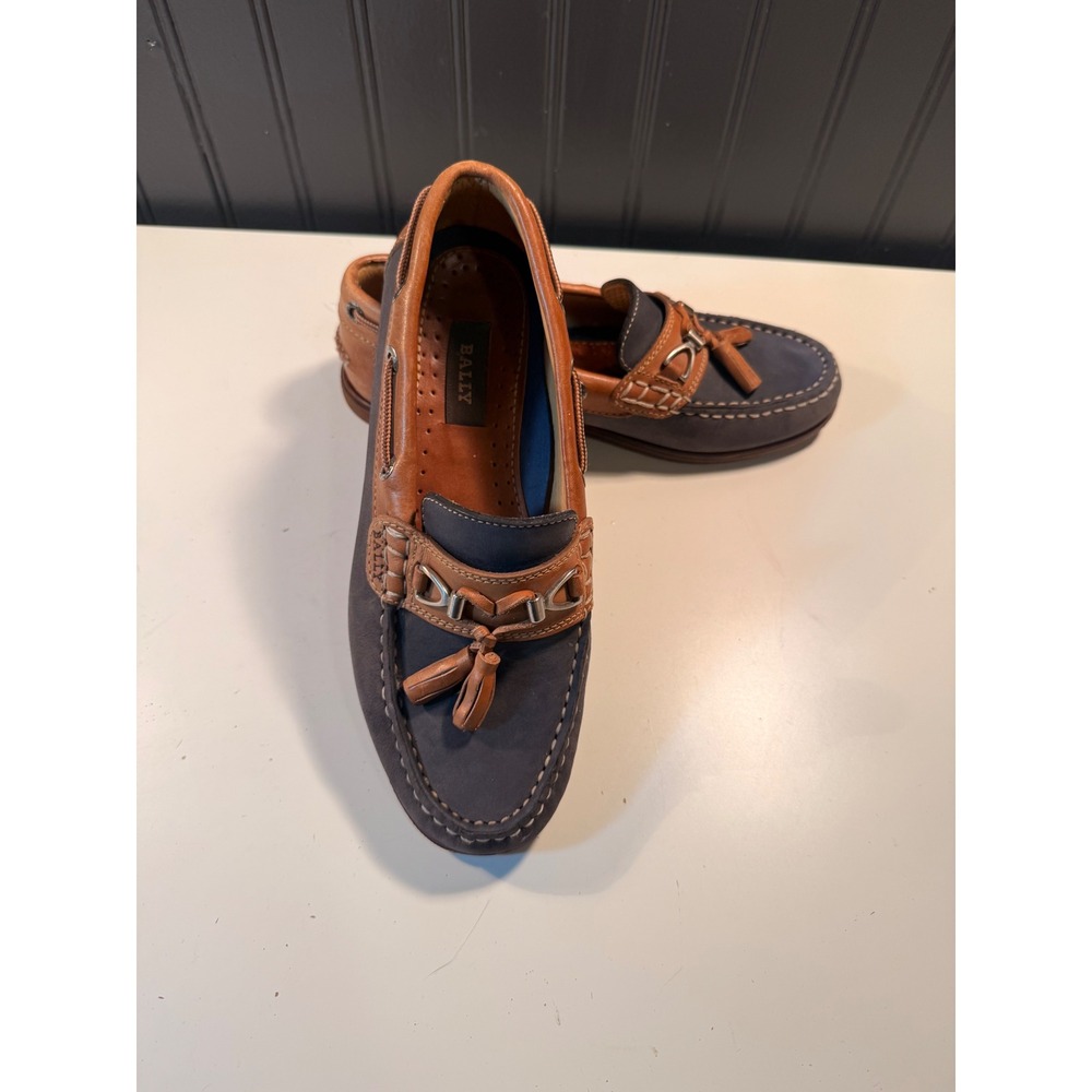 Bally Tinna Navy Blue Nubuck Tan Leather Boat Shoe Loafers Tassels Size 38 EU